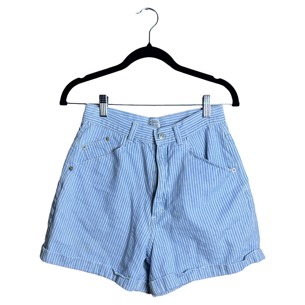 Vintage Kikomo Hickory Stripe Shorts Blue White High Waisted Cotton 90s Size 7/8